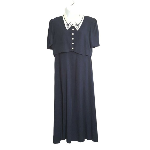 Vintage Womens Dress L Navy Blue White Piping Long Pearl Buttons Cottage core - Picture 2 of 9
